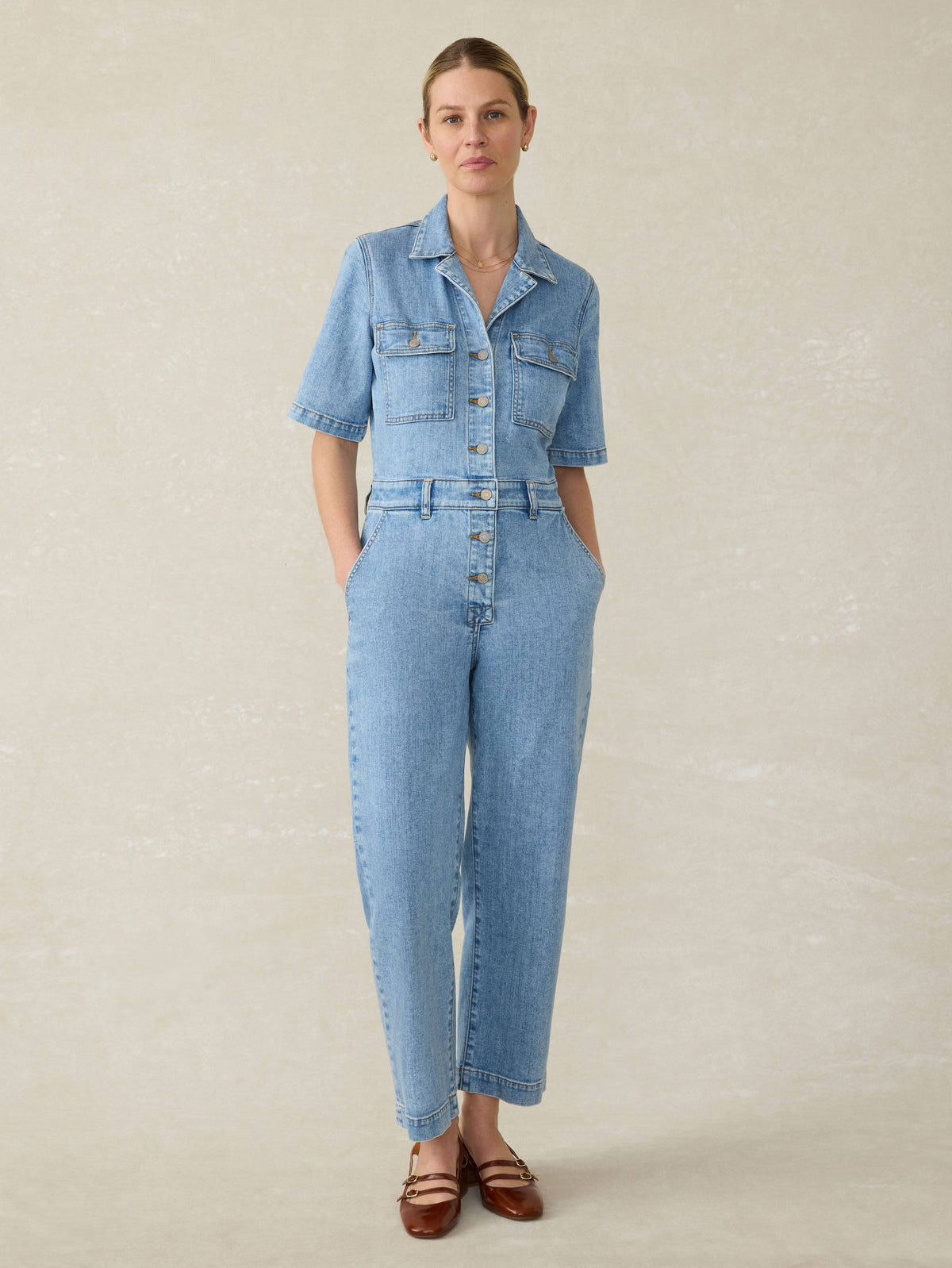 Denim Michelle Short-Sleeve Jumpsuit - Cloudlight Wash