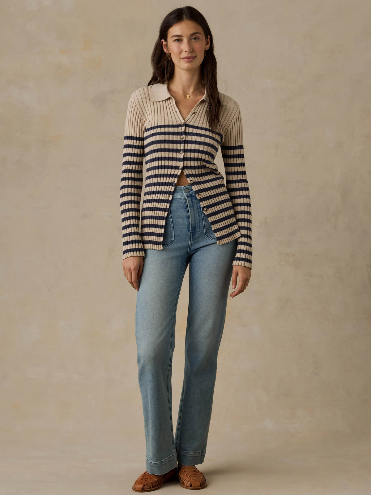 Sunwashed Cotton Ribbed Cardigan - Salted Navy Stripe