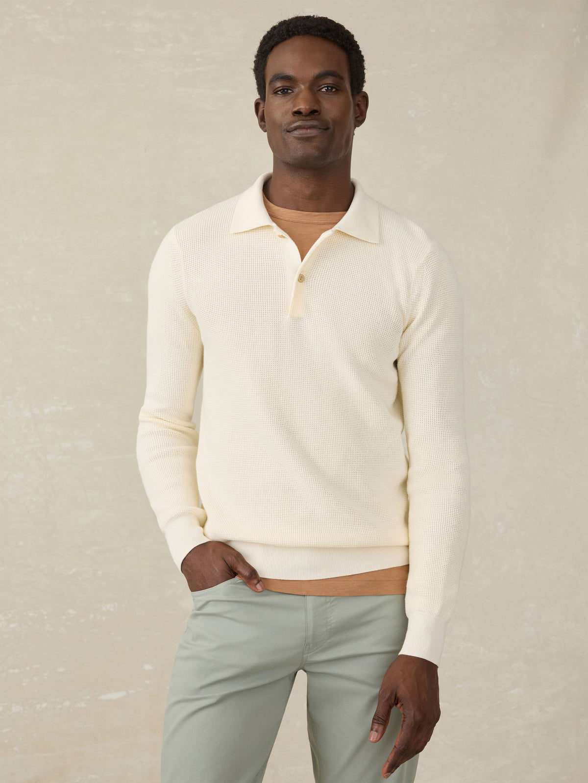 Long-Sleeve Sunwashed Sweater Polo - White Shell
