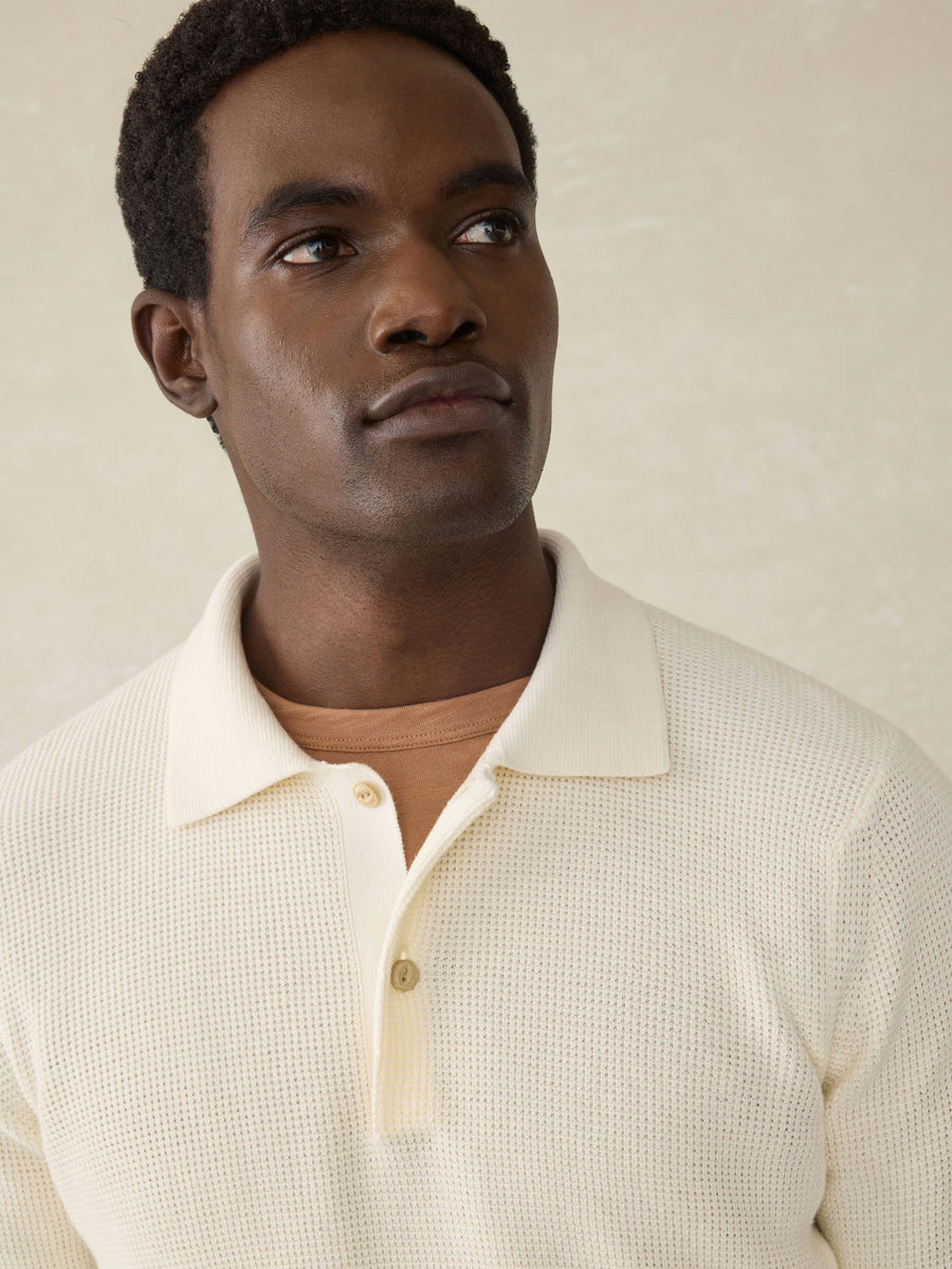 Long-Sleeve Sunwashed Sweater Polo - White Shell