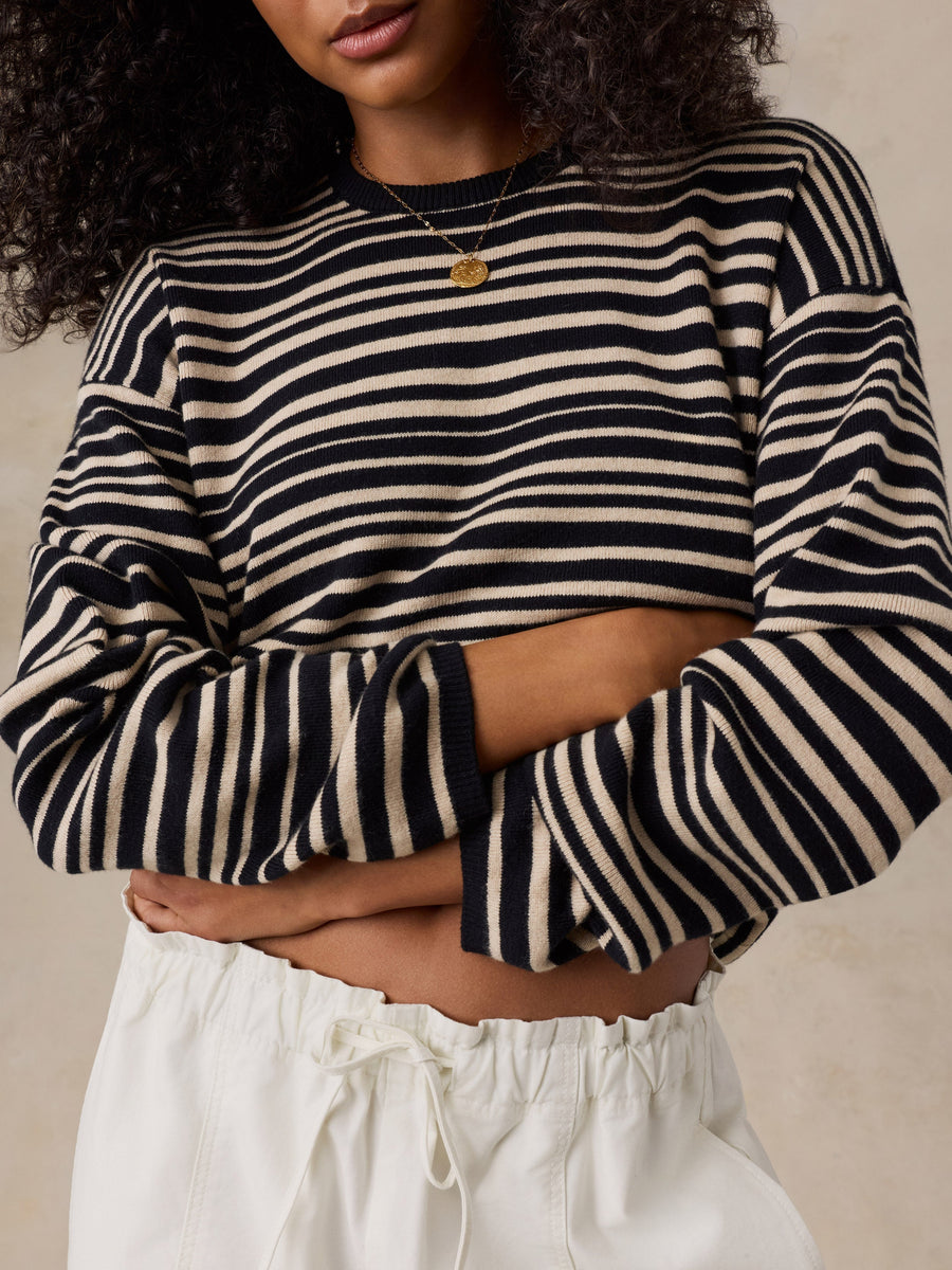 Cotton Cashmere Crew - Coastal Coal Stripe