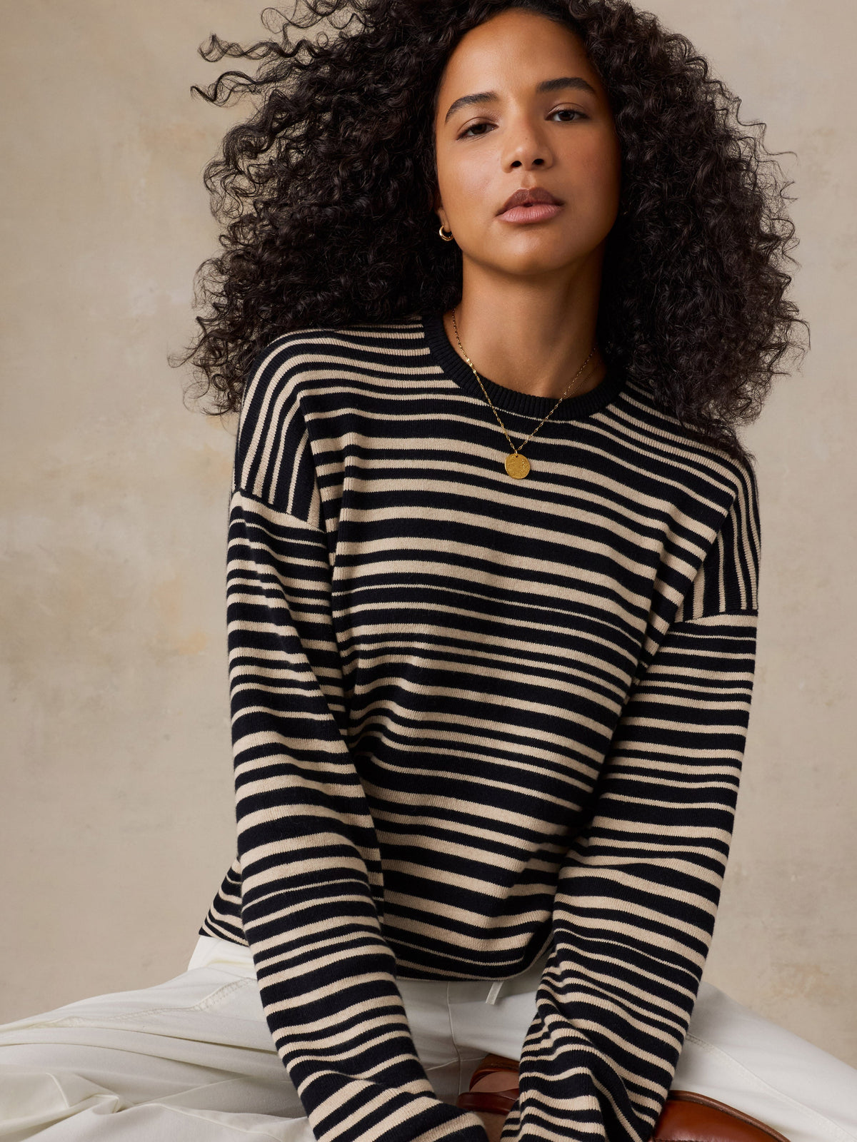 Cotton Cashmere Crew - Coastal Coal Stripe