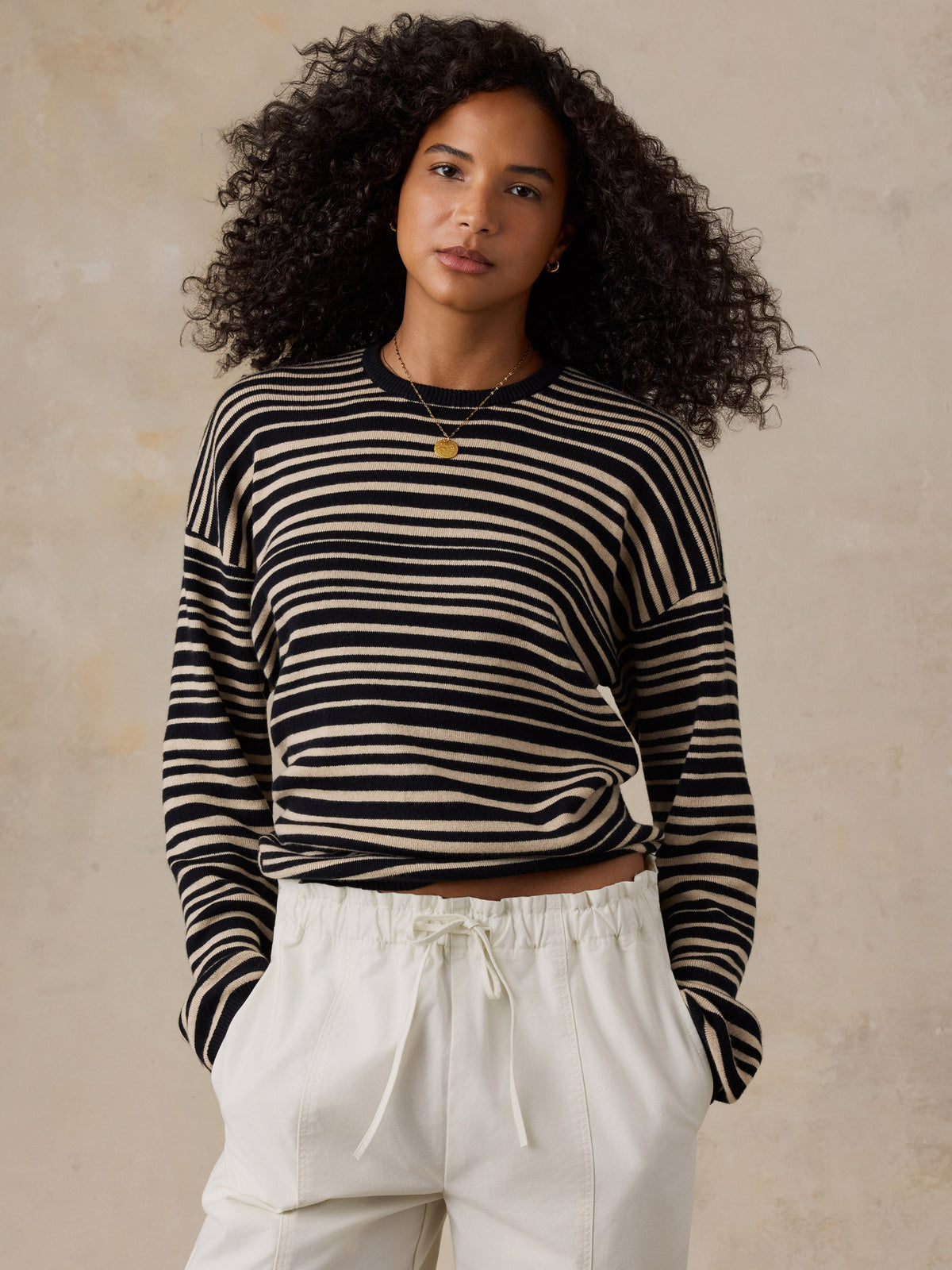 Cotton Cashmere Crew - Coastal Coal Stripe